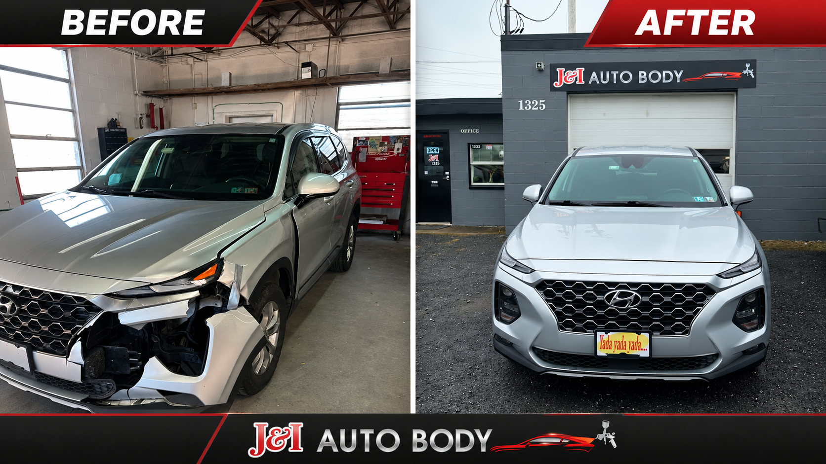 Hyundai Santa Fe front collision repair — bumper and hood restored
