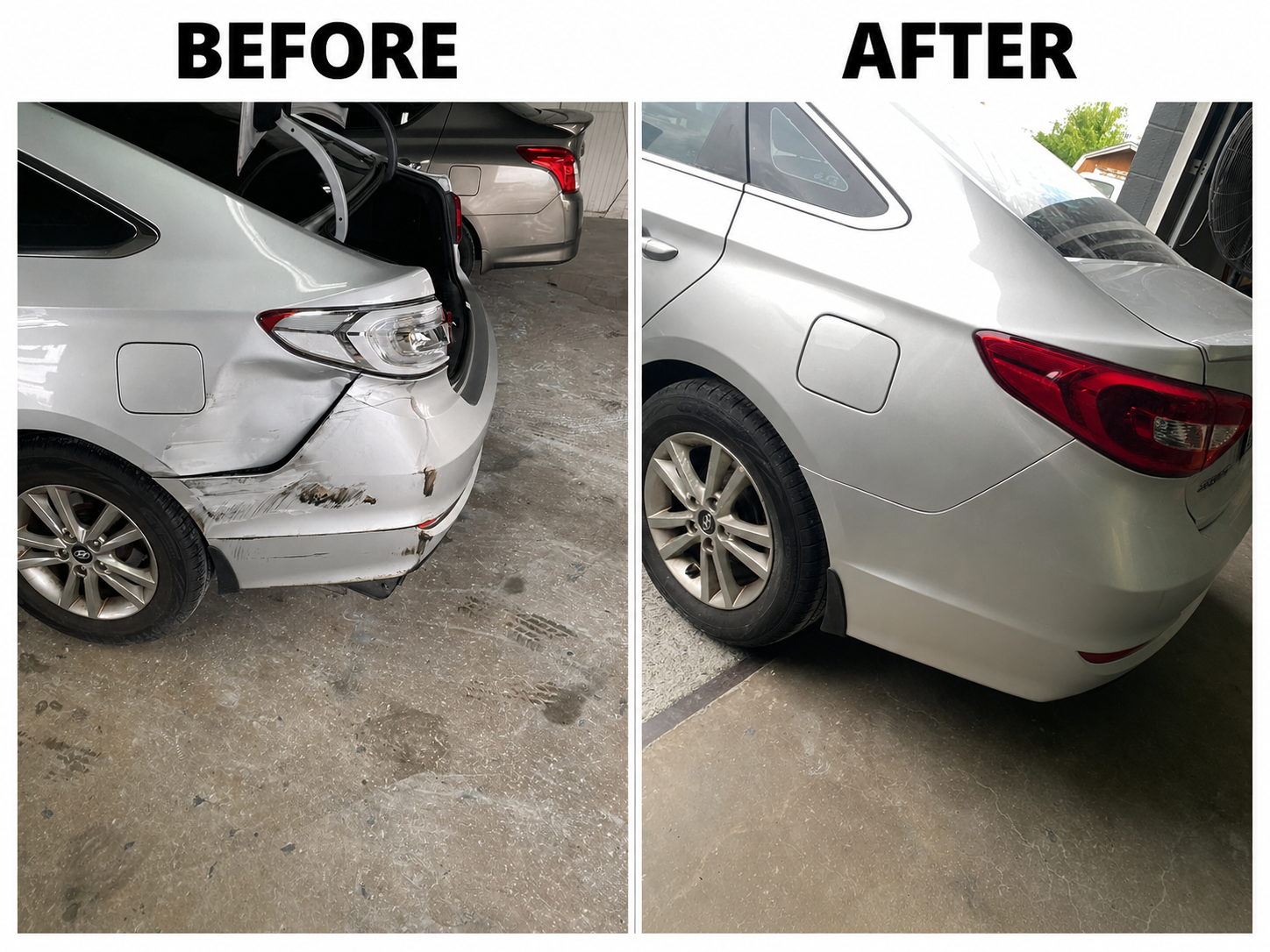 White sedan rear collision repair — bumper and trunk fully restored